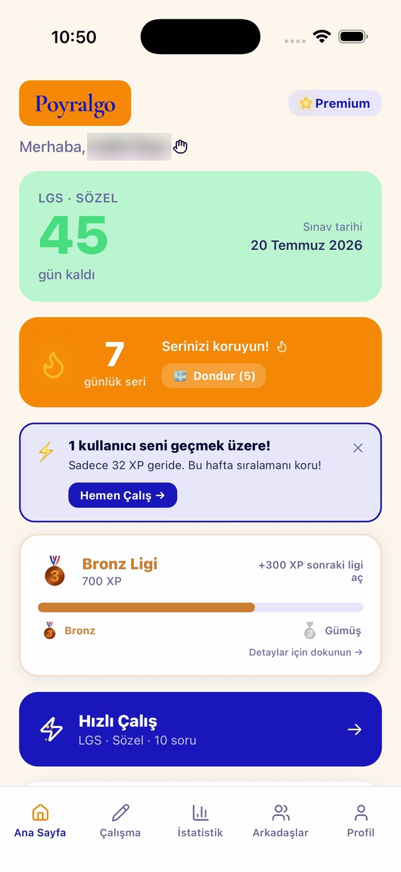 Sorceva ana sayfa ekranı: LGS geri sayımı, günlük seri, lig durumu ve Hızlı Çalış